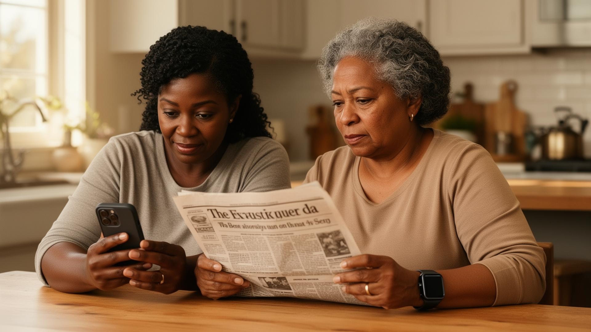 Adult daughter and her elder mother at a kitchen table